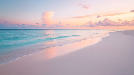 Fototapeta premium shot of a pristine beach with high, wind-swept dunes and the clear ocean under a soft, pastel-colored sunset sky 