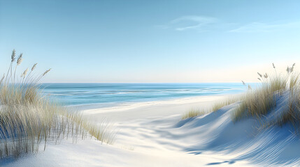 beach scene with sweeping sand dunes, gentle waves, and a bright, sunlit sky, showcasing a peaceful, undisturbed coastal landscape 