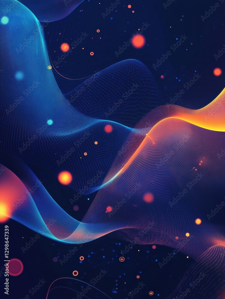 Poster Colorful abstract waves with glowing particles in dark background creating a modern digital artwork. Generative AI