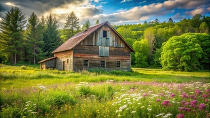 Obraz premium A rustic farm scene with a weathered barn standing tall amidst a lush green meadow, surrounded by trees and wildflowers , nature