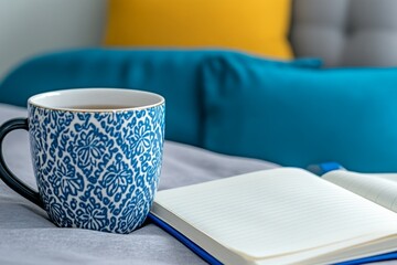 A wellness journal open to a page on self-care, with a cup of calming herbal tea nearby