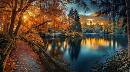 Autumn Landscape with Golden Reflections on a Tranquil Lake and a Wooden Pathway