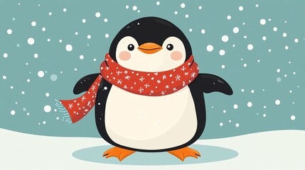 Fototapeta premium A cute penguin wearing a red scarf stands in the snow, surrounded by falling snowflakes, creating a festive winter scene.