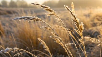 Fototapeta premium Frosted Prairie. Frosted prairie scene featuring glowing frost on tall grass captured in macro detail, highlighting frozen flowers and plants. Frozen flowers plants.