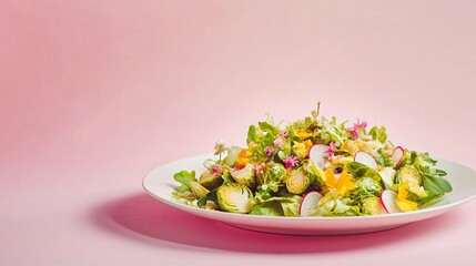 Spring-inspired fresh Brussels sprouts salad with shaved asparagus, radish slices, and a citrus vinaigrette, plated with delicate edible flowers, pastel-colored background