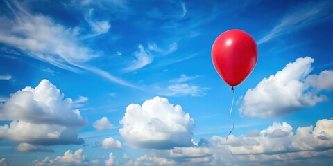Fototapeta premium A single red balloon floats gently in the sky against a clear blue background with a few white puffy clouds , beauty