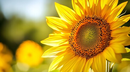 Obraz premium Blooming Sunflower Close-Up Highlighting Yellow Petals and Intricate Brown Seed Head on Green
