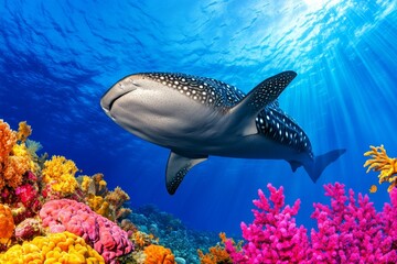 Naklejka premium A whale shark peacefully swimming past a coral reef, its massive silhouette contrasting with the vibrant colors