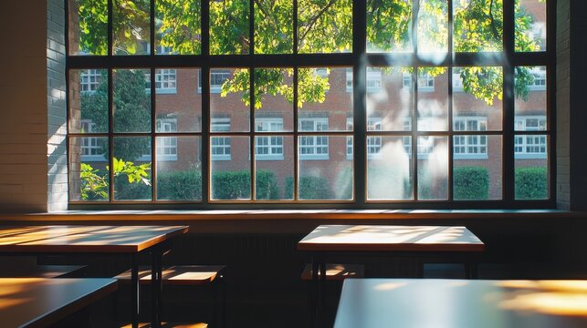 Fototapeta Bright Classroom with Large Windows Overlooking a Green Landscape