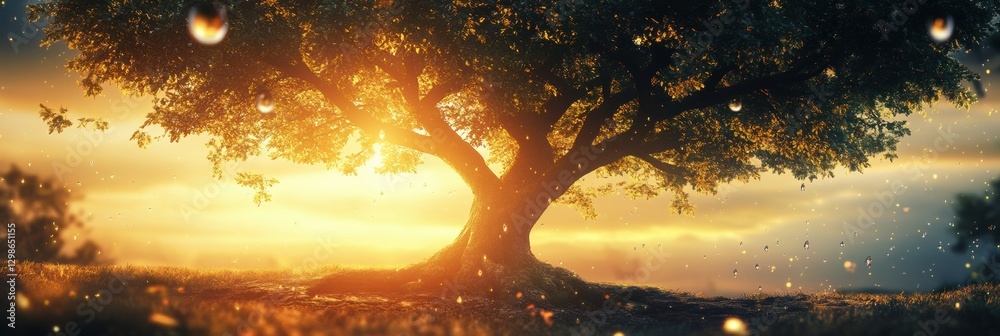 Aufkleber majestic tree bathed in golden sunlight with droplets glistening in the serene evening atmosphere. g