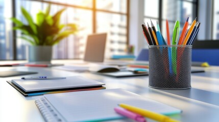 Bright Office Workspace with Stationery and Modern Design Elements