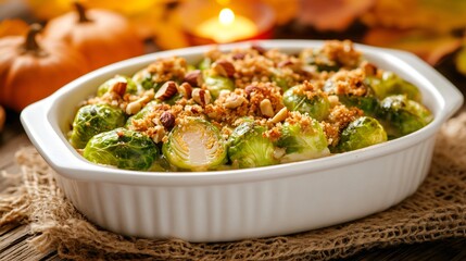 Thanksgiving-inspired Brussels sprouts gratin with creamy Gruy&egrave;re sauce, crispy breadcrumbs, and roasted hazelnuts, plated in an elegant white ceramic dish, warm rustic background