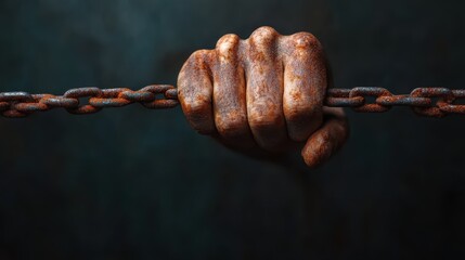 A powerful image of a rusty hand gripping a chain, symbolizing strength, struggle, and the burden of past experiences in an evocative and artistic portrayal.