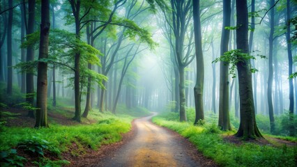Fototapeta premium Foggy forest with misty atmosphere, serene trees and winding path