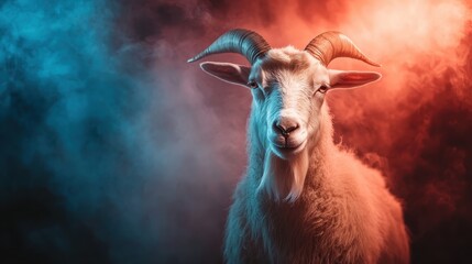 A striking portrait of a goat, illuminated by vibrant lights and surrounded by colorful smoke, capturing its serene demeanor and powerful presence in a surreal atmosphere.