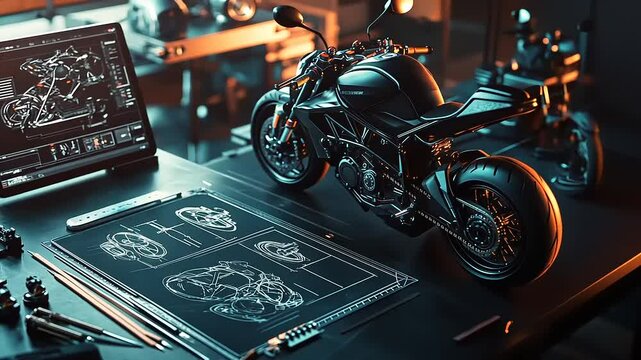 Detailed design and prototype of a sleek motorcycle in a modern workshop with tools