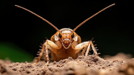 This remarkable close-up image of a cockroach highlights intricate details and textures of this resilient insect, revealing the fascinating beauty found in nature's smallest creatures.