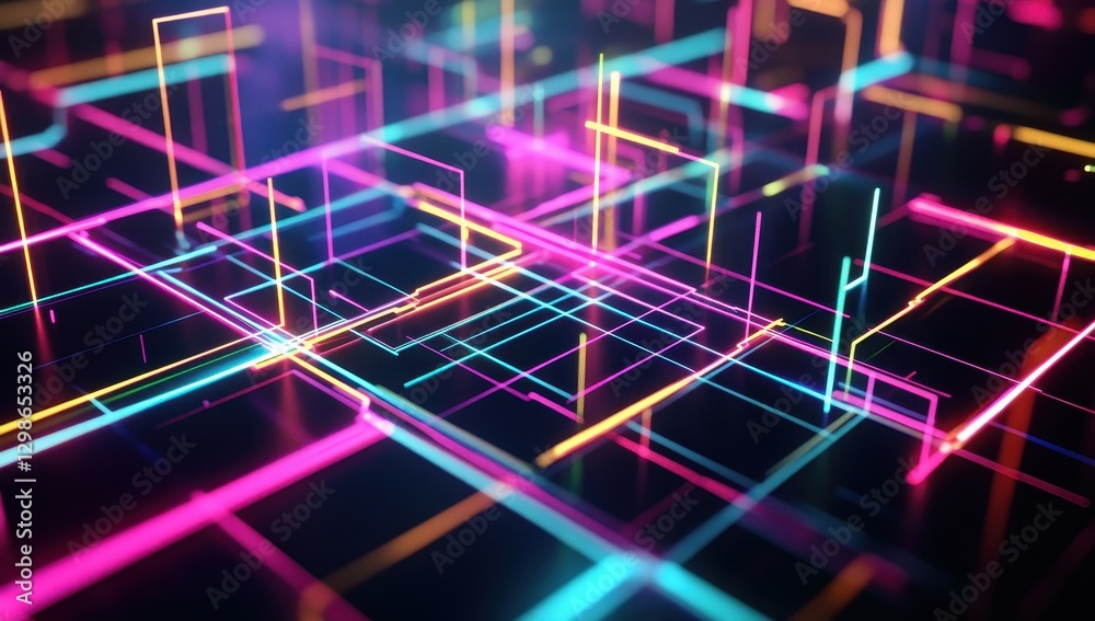Poster abstract representation of a vibrant neon light grid with glowing lines and intersecting patterns fo
