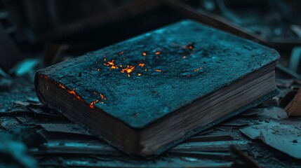 Burnt Book on Debris Surrounded by Ash and Mysterious Glow