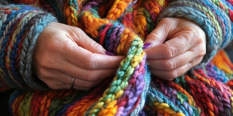 Hands working with colorful yarn while knitting a vibrant blanket indoors on a cozy afternoon