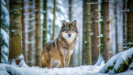 Naklejka premium Eurasian wolf in snow-covered forest, surrounded by tall trees and dense undergrowth,wild animal