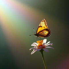 Obraz premium Close-up of a butterfly perched on a flower with soft light and rainbow effect in the background
