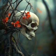 Skull with red flowers in the woods
