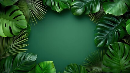Lush green tropical leaves framing a vibrant background.