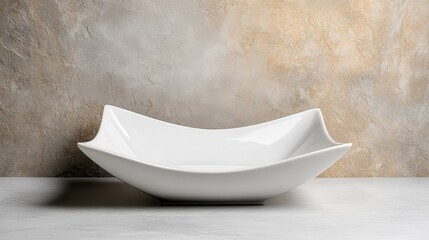 A modern white serving bowl is showcased against a textured background, emphasizing its unique shape and minimalistic design, creating a perfect addition to contemporary dining experiences.