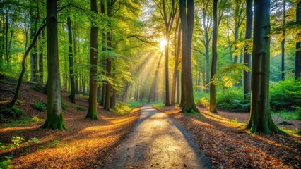 Obraz premium Sunlight filtering through trees creates a dappled effect on a winding path in the woodlands, illuminating leaves and forest floor , leaf patterns, forest illumination