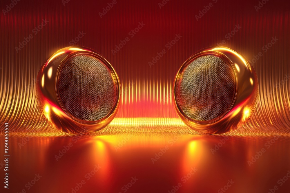 Leinwandbilder 3D speakers emitting vibrant light waves in a futuristic setting with warm tones and dynamic background elements. Generative AI