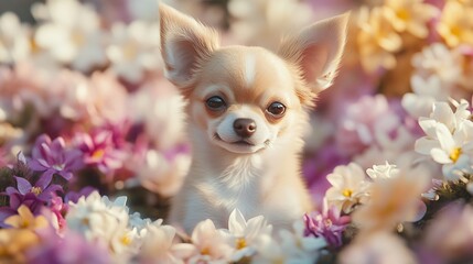 Adorable Chihuahua Puppy on Floral Background for Pet Lovers - Stock Photo
