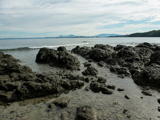 The rocky shore on part of Playa Matapalo in Guanacaste, Costa Rica