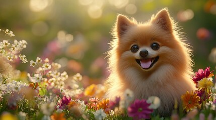 Obraz premium Adorable Pomeranian Dog Sitting on Colorful Flowers. Pet Photography Concept with Vibrant Floral Background. Cute Puppy Profile Picture for Animal Lovers.