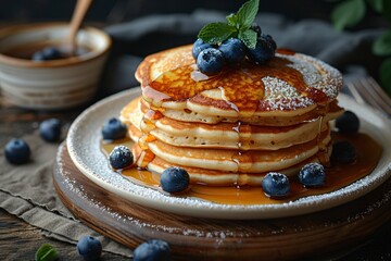 Stack of fluffy pancakes with maple syrup, blueberries, and powdered sugar on rustic wooden table. Homemade breakfast comfort food for weekend brunch or Pancake Day celebration.
