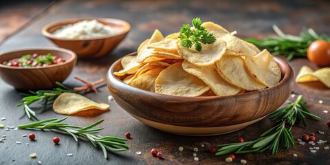 Crunchy cassava chips in a shallow bowl with fresh herbs and spices on the side, crunchy food, flatbread