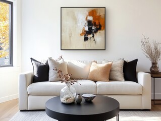 modern living room with abstract art and neutral tones