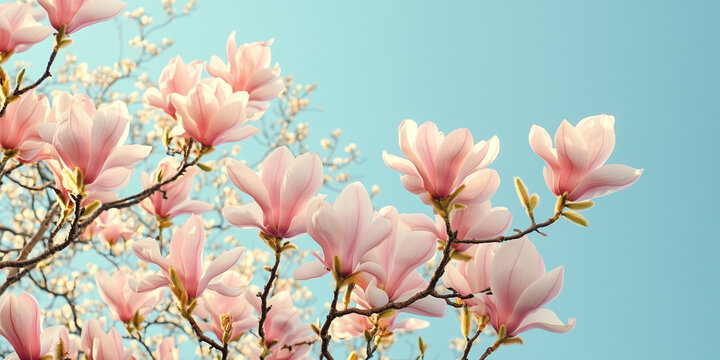Pink magnolia blossoms against a blue sky background on a sunny spring day