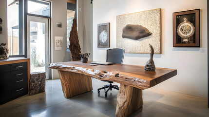 office with furniture made from recycled materials, a large workbench with repurposed tools, and walls lined with creative upcycled art pieces 