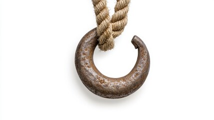Obraz premium Rusty Metal Hook and Beige Rope on White Background