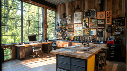 office with furniture made from recycled materials, a large workbench with repurposed tools, and walls lined with creative upcycled art pieces 