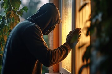 Hooded figure peering into a window