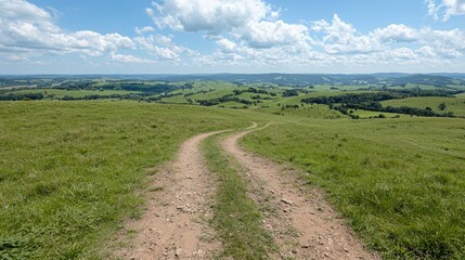 Naklejka premium Winding dirt road through grassy hills, sunny day, panoramic view