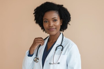 An African-American female doctor in a professional white coat and a stethoscope on a soft beige studio background.