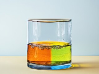 Abstract glass showcasing multi-layered colorful liquids with bubbles
