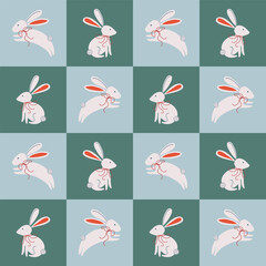 Happy Easter bunny pattern. Minimalist style geometric background with rabbit wearing decorative bow. Cute animal checkered pattern design for baby nursery or textile. Hand drawn vector illustration. 