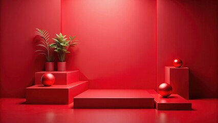 A colorful abstract red studio background with a minimalist aesthetic for product presentation, artistic arrangement, dynamic composition
