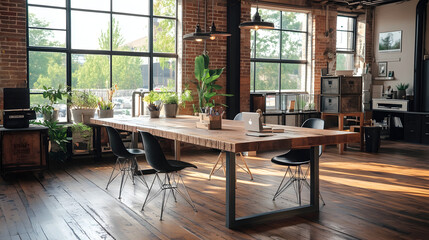 creative workspace with a large table crafted from upcycled wood, sustainable storage options, and lighting fixtures made from recycled materials, creating an eco-friendly atmosphere 