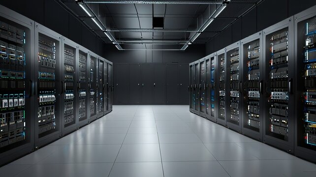 Connection network in servers big data center room storage systems, 3D rendering