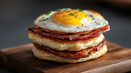 A delectable breakfast stack featuring crispy bacon, a perfectly fried egg, and flaky layers enveloping a delicious combination, presenting a hearty start to the day.
